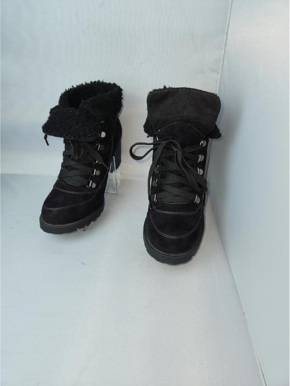 Jelly Pop Black Suede Lace-Up Ankle Boots with Faux Fur Cuff and Block Heel - Picture 5 of 14